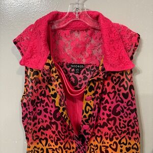 George Sleeveless Blouse & Cami Heart Pink‎ Orange Cheetah (Girls Large 10/12)